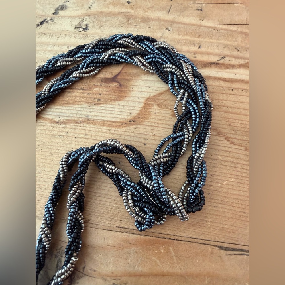 Vintage 90s Y2K Beaded Tassel Belt Gunmetal Blue Crystal Boho Glam Statement - Picture 4 of 4